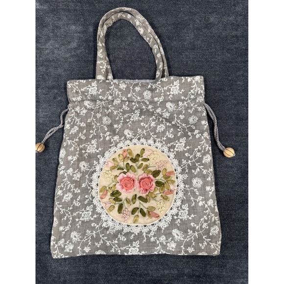 Hopeless Romantic Handbags - Hopeless Romantic Gray Floral Ribbon Embroidery Lace Drawstring Tote Bag Handbag